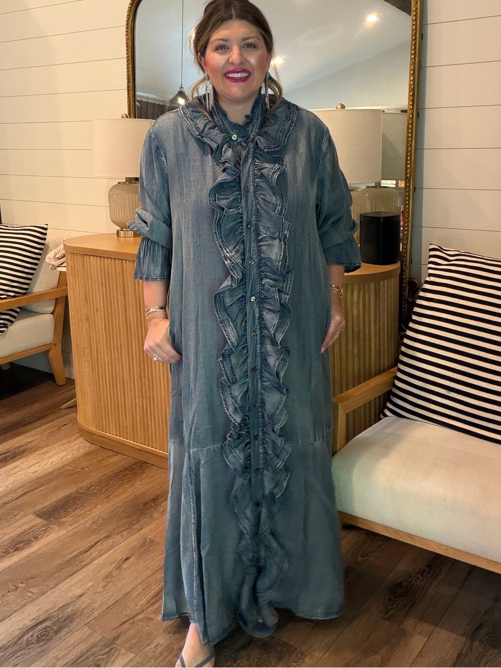 NWT Jaded Gypsy A Ruffle In Time Long Denim Button Dress S/M